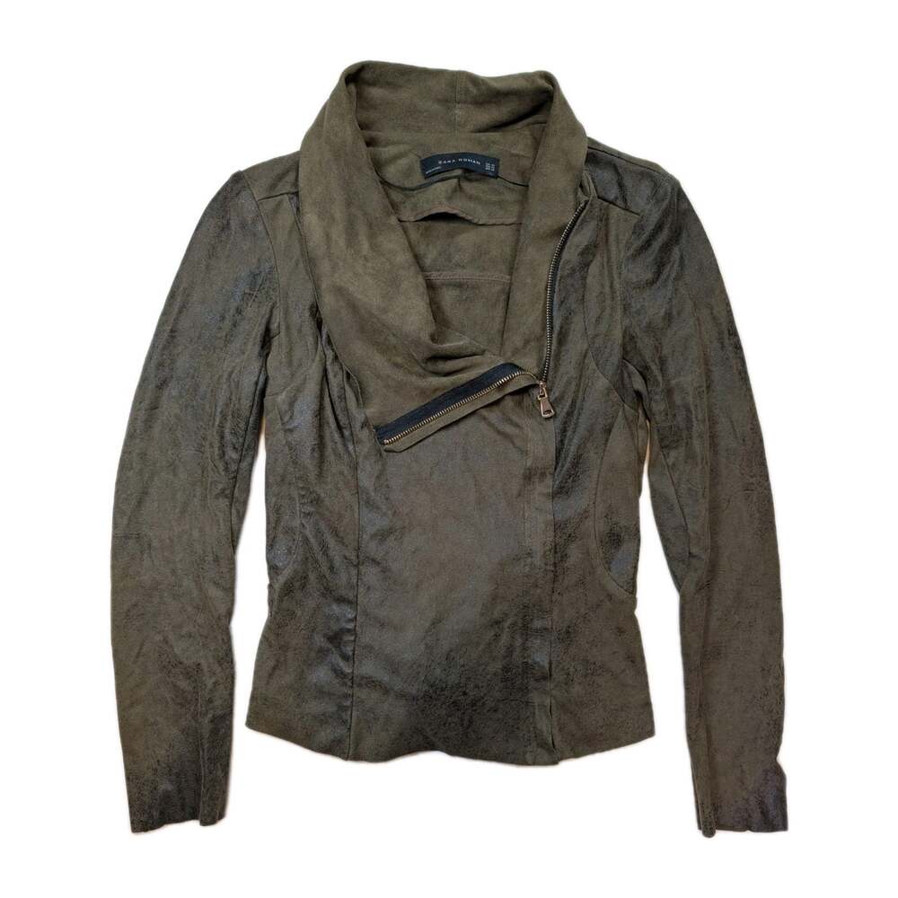 Zara Woman Faux Suede Moto Jacket Womens XS Olive Asymmetrical Zip